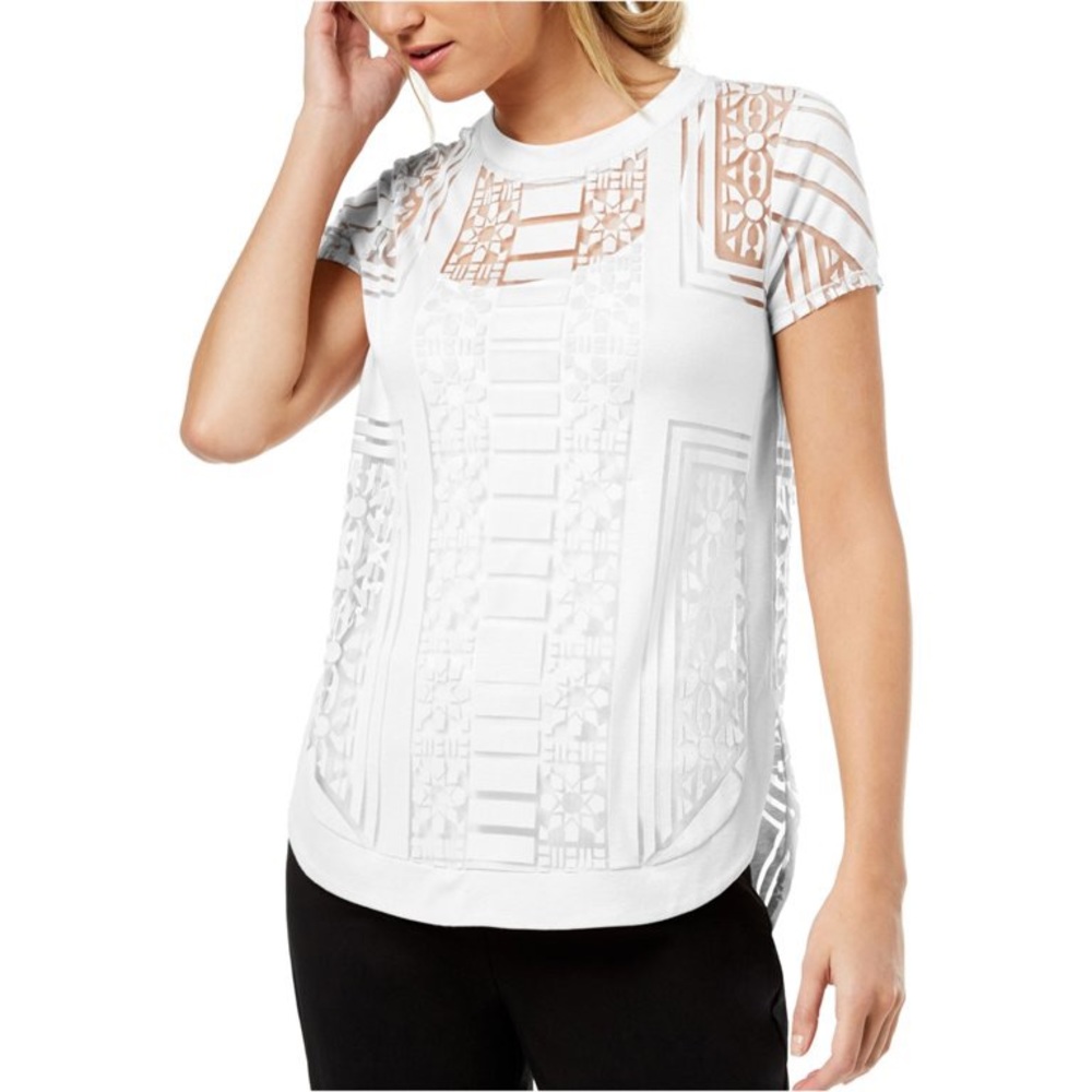 Bar Iii Womens White Burnout Embellished T-Shirt